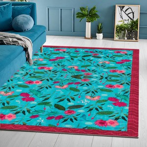 Tapis rectangulaire floral style bohème en polyester avec envers antidérapant en caoutchouc, à poils ras, pour décoration de chambre, motif vert, rose et turquoise - Product Image 4