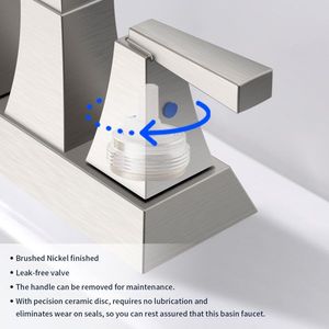 Robinet de lavabo de salle de bain à 2 poignées, entre-axe de 4 pouces, finition nickel brossé, avec vidange et trop-plein, robinets de bain et de douche à 2 entrées - Product Image 4