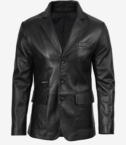 Custom Men's Black <b>Leather</b> <b>Blazer</b> | Three-Button Formal Lambskin Coat | OEM Apparel Manufacturer - Product Image 2