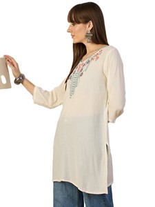 Kurta Boho Bordada para Mujer, Viscosa Pura, Corte Regular, Largo Regular, Top Informal con Bordado Floral, Estilo India-Pakistán, Envío Rápido - Product Image 5