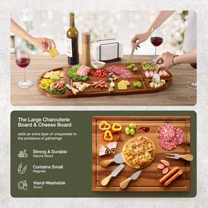 Tabla de charcutería de madera de acacia con juego de 4 cuchillos, bandeja redonda magnética de madera para queso, tabla larga para servir aperitivos - Product Image 3