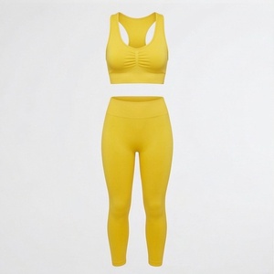 Women <b>Yellow</b> Ruched Racerback Sports <b>Bra</b> High Waist Capri Leggings 2 Piece Yoga Set - Product Image 1