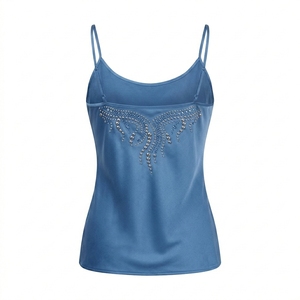 Women's Blue Satin Spaghetti Strap Tank <b>Top</b> <b>Beaded</b> Embellished Scoop Neck Elegant Camisole - Product Image 2