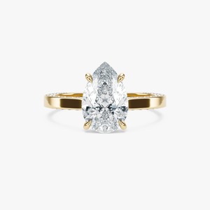 Anillo de compromiso de lujo con diamante de laboratorio de 3.50 CTW en forma de pera con halo oculto, engaste de puntas y banda plana pavé de oro de 14K - Product Image 1