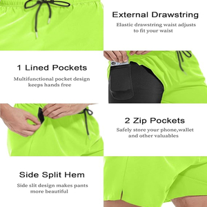 Men Neon Green Black Lace 2 1 Double Layer <b>Gym</b> <b>Shorts</b> Compression Inner Lining <b>Phone</b> <b>Pocket</b> Zipper Fly High Quality Customizable - Product Image 4