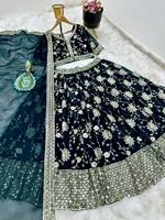 Ensemble Lehenga Brodé Bleu Profond, Robe de Mariage Indienne et Pakistanaise, Dupatta en Tulle, Tenue de Mariée Florale