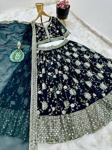 Conjunto de Lehenga Bordado Azul Oscuro, Vestido de Novia Indio Pakistaní, Dupatta de Tela, Traje Nupcial Floral - Product Image 5