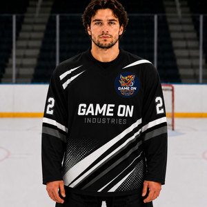 Maillot de hockey sur glace pour homme Game On Industries, col en V, manches longues, polyester sublimé, anti-transpiration, blanc et bleu rayé - Product Image 3