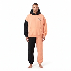Ensemble décontracté de haute qualité pour homme en molleton de coton, comprenant un sweat à capuche oversize à épaules tombantes bicolore et un pantalon de jogging coupe décontractée à blocs de couleur - Product Image 5
