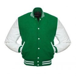 Custom Men Green Wool Body and <b>White</b> Leather Sleeves Varsity <b>Jacket</b> - Product Image 1
