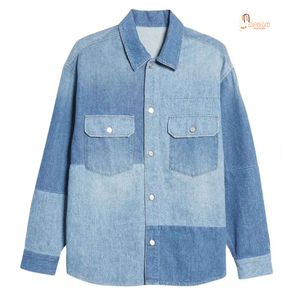 เสื้อเชิ้ตเดนิมผู้ชายแบบปะติดปะต่อ แขนยาว ทรงหลวม ปกคอพับ สไตล์ลำลอง ผ้าฝ้ายสโตนวอช ทอทั้งตัว ใส่ได้ทุกฤดู - Product Image 1