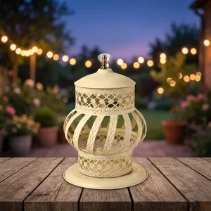 Decorative Metal Lantern <b>Lamp</b> Cream White Finish Intricate Lattice Design Crystal Knob Candle Holder & <b>Table</b> Decor - Product Image 5