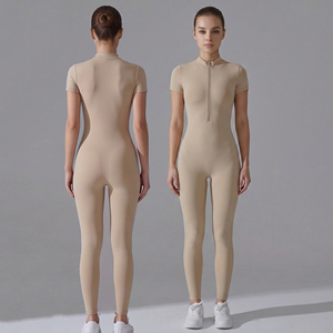 Mono de yoga con cremallera para mujer, cuello alto, para gimnasio, fitness, ajustado, de manga corta, compresión, una pieza, capa base - Product Image 1