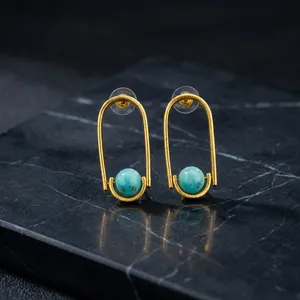 Pendientes de aro geométricos chapados en oro con turquesa para mujer, joyería moderna para fiestas - Product Image 4