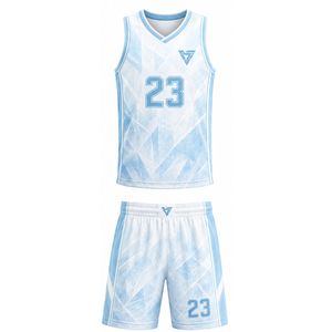 Ensemble de maillots de basket personnalisés blancs à imprimé géométrique, col en V, sans manches, anti-humidité, uniforme unisexe pour adultes, vente en gros, tendance - Product Image 1
