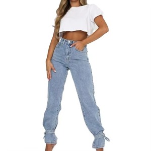 Pantalon décontracté taille haute classique à poches, coupe large, en jean respirant pour femme, style cargo, OEM - Product Image 3