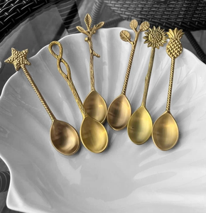 Brass Spoon <b>Flower</b> Design handle Cutlery newly Flatware Knife Fork Spoons Cutlery Set Gold Full Solid Handle Brass Spoon - Product Image 5