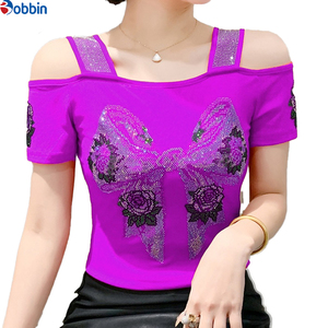 Camiseta de Mujer Estilo Dulce con Hombros Descubiertos, Top Sólido con Pedrería Colorida, Manga Corta, Cuello Cuadrado, Ajuste Delgado - Product Image 5