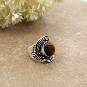 Vintage Natural <b>Tiger</b> <b>Eye</b> Bezel Set Statement <b>Ring</b> 925 Silver Plated Adjustable Band Antique Boho Ethnic Handmade Daily Wear - Product Image 3