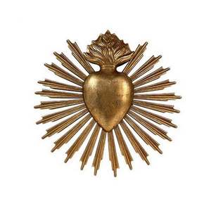 Gold Metal Sacred Heart Wall Art Love Embossed Flying Doves Velvet <b>Ribbon</b> Mexican Folk Art Plaque Decor - Product Image 2