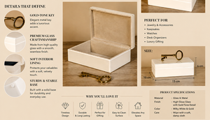 White Glass Keepsake Storage Box with <b>Gold</b> Tone Key Handle Soft Interior Glossy Finish Decorative Jewelry and Vanity Organizer - Product Image 3