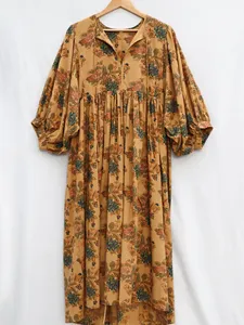 Bohemian Floral Print Brown Cotton Midi <b>Dress</b> With Puff Sleeve V-Neck <b>Loose</b> Fit A-Line Casual Summer <b>Dress</b> For Women - Product Image 1