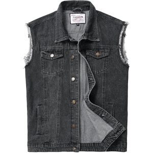 Men's <b>Black</b> 100% Cotton Denim <b>Vest</b> Sleeveless Stand Collar Casual Plus Size Washed Frayed Edge High Street Outerwear Summer - Product Image 1