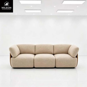 <span class=keywords><strong>Canapé</strong></span> modulaire <span class=keywords><strong>3</strong></span> <span class=keywords><strong>places</strong></span> en tissu Teddy crème, style minimaliste, avec panneau latéral en bois massif pour salon résidentiel - Product Image 4