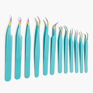 Kit professionnel de 12 pinces à épiler de précision pour extensions de cils, pointes arc-en-ciel avec poignées ergonomiques bleues - Product Image 4