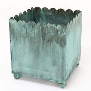 Square Copper Planter With Scalloped <b>Edge</b> And Patina Finish Outdoor <b>Garden</b> Container Antique Style - Product Image 1
