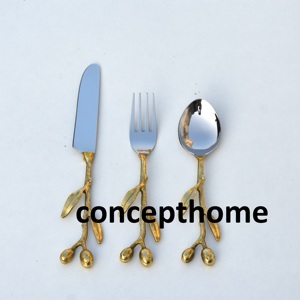 Ensemble de couverts de luxe en acier inoxydable pour mariage, design moderne, fourchette, couteau, cuillère dorés, finition miroir, couleurs et logo personnalisables - Product Image 2