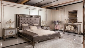 Luxury Modern Champagne Solid Teak Wood Bedroom Set King Size Bed with <b>Mirrored</b> Nightstands Grand Wardrobe and Dressing <b>Table</b> - Product Image 2