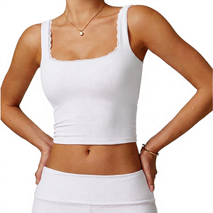 Women's <b>Pink</b> Ribbed Neck <b>Crop</b> <b>Top</b> Strap Tank Breathable High Support Solid Color Simple Front Logo Yoga Eco-Friendly Quick Dry - Product Image 2