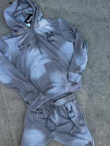 Custom Label Distressed <b>Embroidery</b> Patch Applique Sun Faded Sweat Suit Baggy Tracksuit <b>Set</b> Cut Edge Hoodie Sweatpants for Winter - Product Image 6