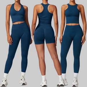 Conjunto de Yoga sin Costuras Personalizado para Mujer, 2 Piezas, Tirantes Cruzados, Cuello Redondo, Patrón a Cuadros, Transpirable, Spandex/Nailon, Sin Mangas, Cintura Alta - Product Image 4