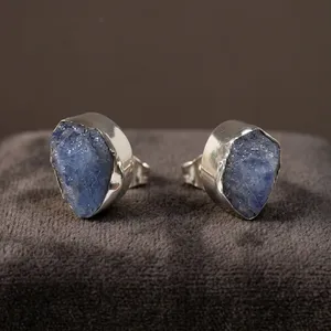 Raw Tanzanite 925 <b>Sterling</b> <b>Silver</b> <b>Stud</b> Earrings Minimalist Bezel Set Unisex Everyday Wear Jewelry - Product Image 3