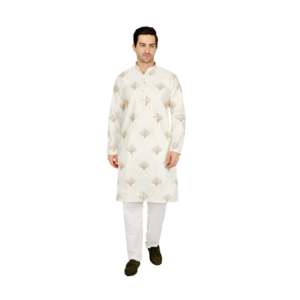 Ensemble de kurta pour homme en satin semi-soie blanc avec motifs en éventail métalliques et embellissements en sequins - Product Image 1