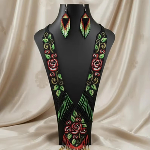 VINTAGE STYLE Handmade Seed <b>Bead</b> Necklace Earrings <b>Set</b>: Boho American Style African Woman Necklace with earring,for gifted - Product Image 1