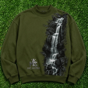 Sudadera Unisex de Moda, Sostenible y Personalizable, Color Verde Oliva, Cuello Redondo, Manga Larga, Estampado de Cascada, 100% Algodón Tejido - Product Image 1