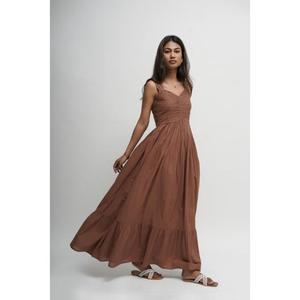 Elegant Brown A-Line Maxi <b>Dress</b> V-neck Spaghetti Straps <b>Ruffles</b> 100% Cotton Natural Waist Belt Summer Evening Gown Women - Product Image 6