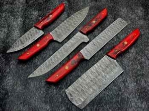 Ensemble de couteaux de chef Damazcus écologiques, lames en acier inoxydable ambidextres, manche en bois rouge, 5 pièces - Product Image 1