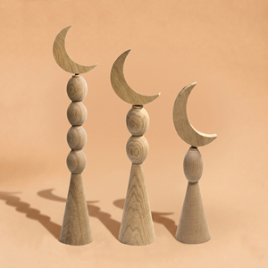 Handcrafted <b>Wooden</b> Crescent Moon Finial Stand Set Of 3 Elegant Tapered Pillars Beaded Design For <b>Rustic</b> Home & Eid Decoration - Product Image 1