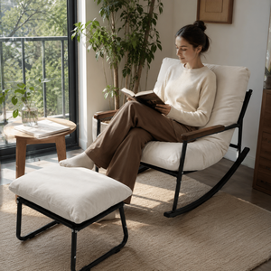 Sedia a dondolo Papasan con cuscino ispessito, lounge da esterno per tutte le stagioni, ideale per lettura, giardino, portico, soggiorno - Product Image 4