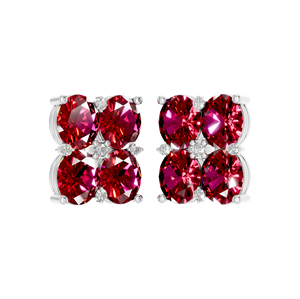 Boucles d'oreilles à tige florale en grappe de rubis en argent sterling 925 certifié IGI Délicat diamant taille ovale finition or blanc à la mode pour - Product Image 3