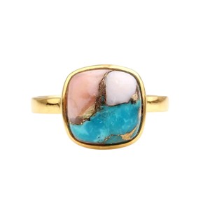 Bague Dainty Coussin en Argent Sterling Plaqué Or 18 carats avec Opale Rose 12 mm et Turquoise Cuivrée Sertie en Bezel, Bijou Femme Tendance 2024 - Product Image 1