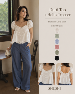 Premium Quality Summer Vacation Two Piece Woven Suit-White Elegant Blouse & Breathable Blue Casual <b>Pants</b> 100% Cotton Outfit Set - Product Image 3