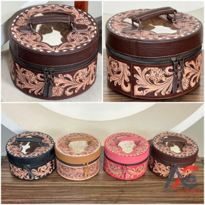 Boîte à bijoux ronde en cuir de vachette gaufré, style vintage, motif floral, durable, pour rangement de bijoux – Offre Spéciale Super Septembre - Product Image 1