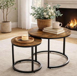 Modern Round Set of 2 Coffee <b>Tables</b> with Rustic Wood Top Decorative Design <b>Adjustable</b> Non-Slip Feet for Home & Garden Use - Product Image 1