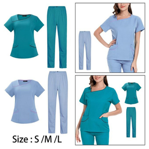 Women's Fashion Medical Scrubs Set Asymmetric Neck Contrast Piping <b>Top</b> Elastic Pants Nurse Uniform Hospital Wholesale OEM - Product Image 5
