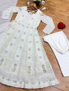 <b>White</b> Cotton Anarkali <b>Suit</b> With Dupatta Traditional Indian Pakistani <b>Women</b> Floor Length <b>Wedding</b> Wear Stretchable Regular Fit - Product Image 4